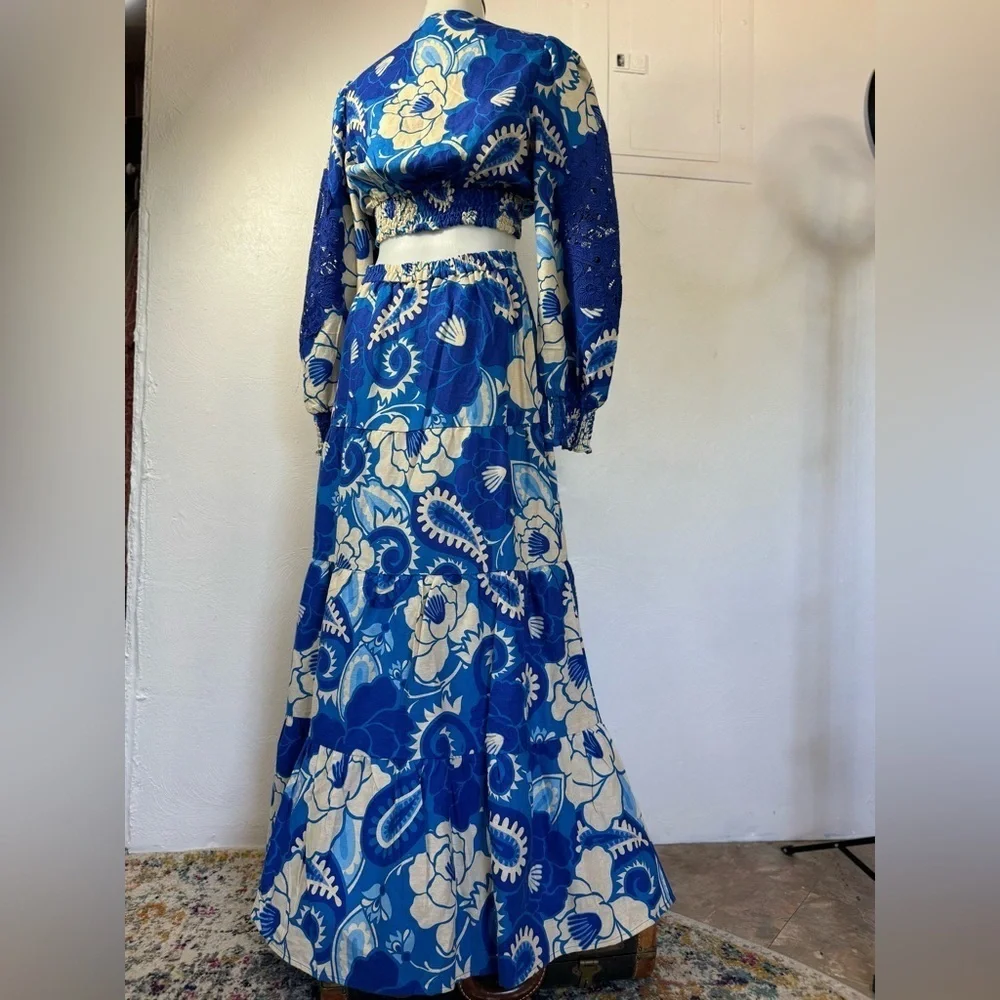 House of Harlow Long Sleeve Repeat Linen Top Tiered Skirt Set Matching flower - Picture 8 of 12